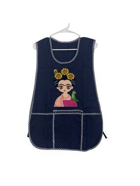 Apron Women One Size Navy Frida-Inspired Print Front Pockets Checkered Trim NWOT